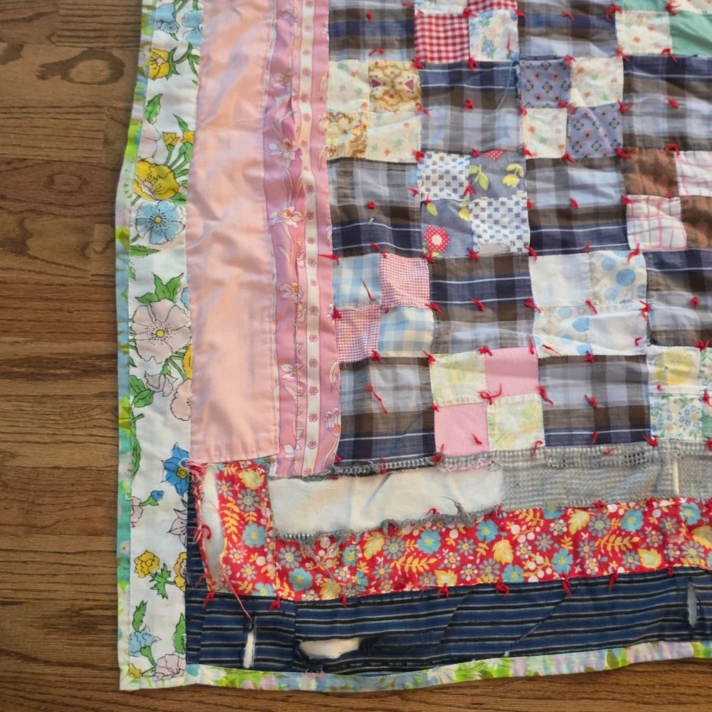 Vintage Handmade Patchwork Quilt Plaid Floral 1960s Farmhouse Americana 70x86